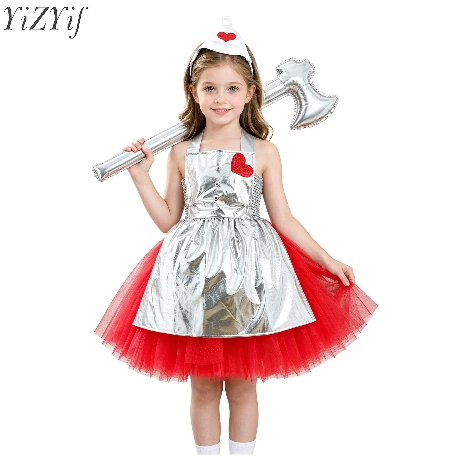Kids Girls Halloween Tin Cosplay Costume Sleeveless Tulle Dress with Apron Headwear and Prop Axe for Carnival Role Play Show