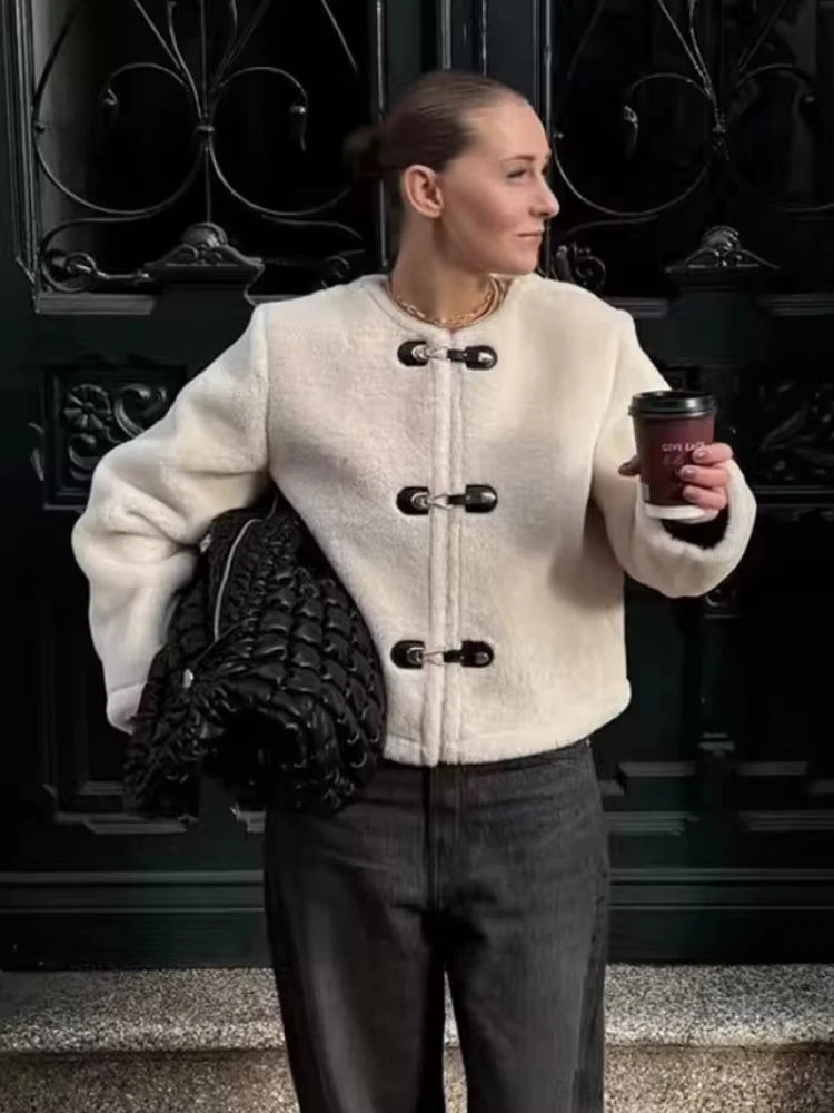 HH Women Elegant Solid Faux Lamb Wool Short Coat O Neck Long Sleeve Jacket Autumn Winter Fashion High Street Lady Outerwear