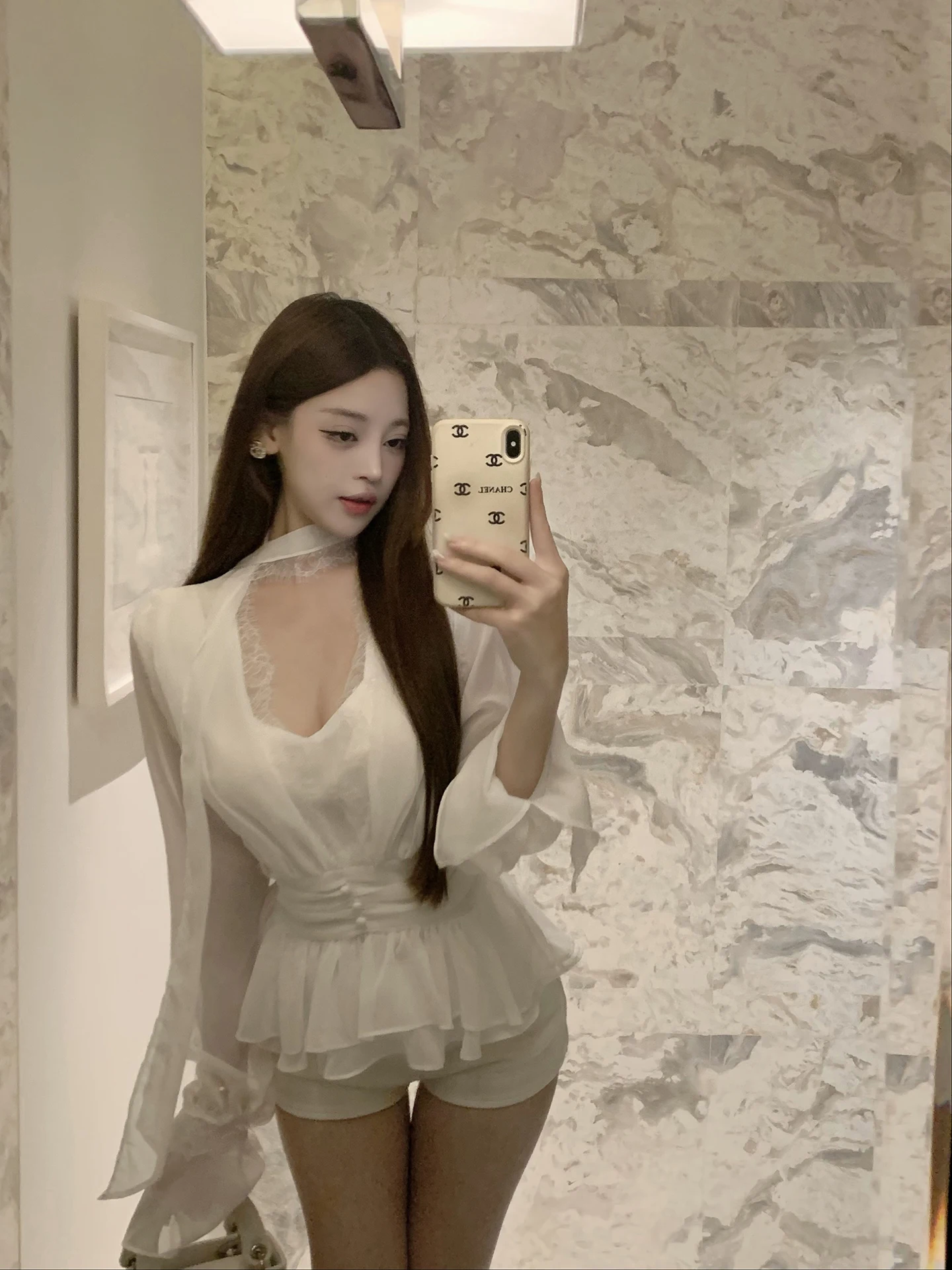 

Luna 225 New White Lace Chiffon Blouse Sa Waist Princ Sle Seven Sve Women's Faion Princ Sle Slim Fit Blouse