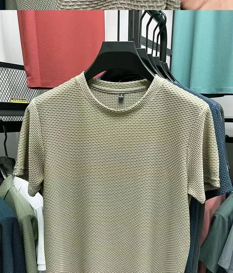 Herren High-End Eisseide Mesh T-Shirt Sommer Kurzarm Rundhals T-Shirt Mann Halbarm Dünnes Einfarbiges Sport-Oberteil – Detail 15
