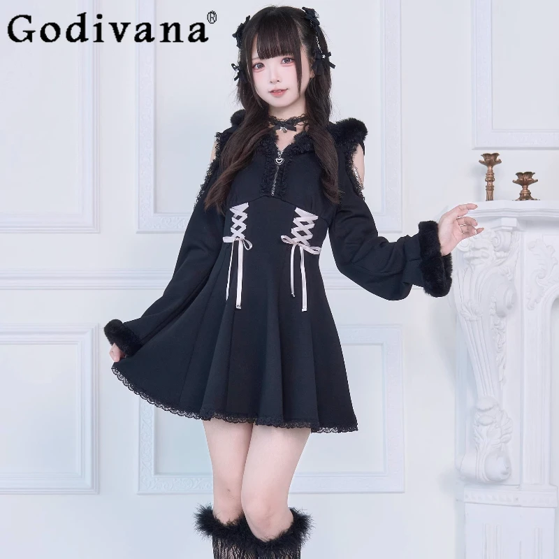 

Original Japanese Subculture Mass-Produced Sweet Long-Sleeve Dress 2025 Autumn New Girls' Cute Plush Off-Shoulder Hooded Dress