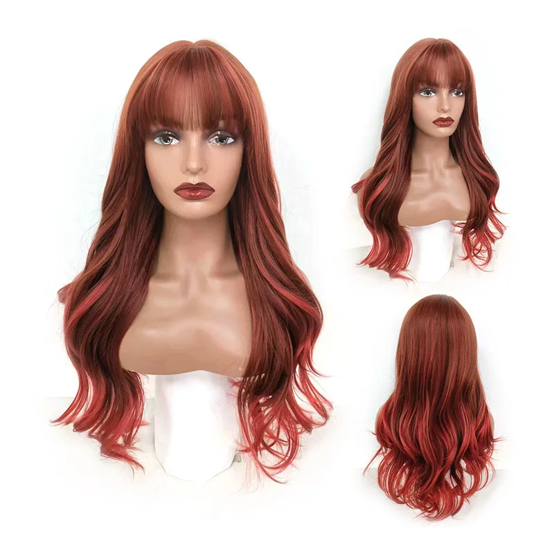 

European and American fashion wig female Qi bangs long curly burgundy gradual change wig fluffy fake COS hair hood