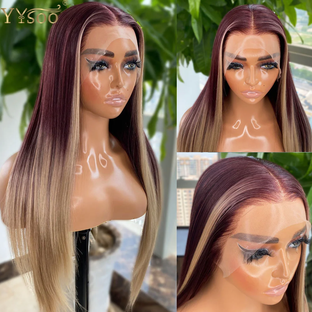 YYsoo D33/103 Long Silky Straight Baylayage13x4 Futura Synthetic Lace Front Wigs For Women Natural Hair Ombre Highlight Lace Wig