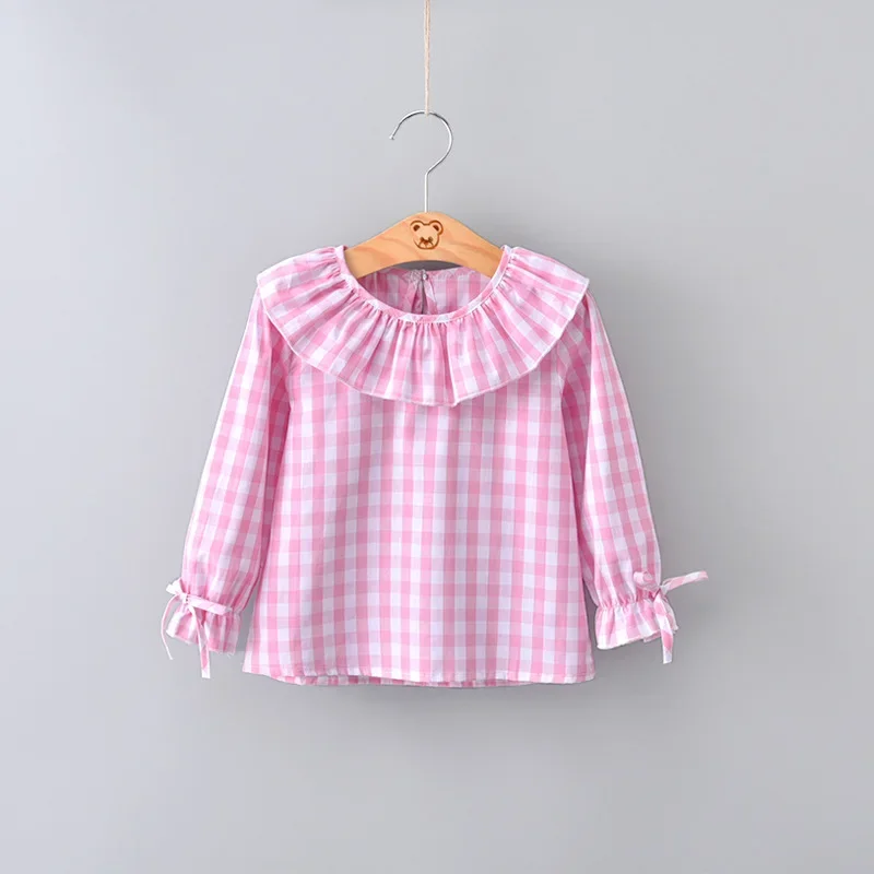 2024 Spring Baby Girls Full Sleeve Blouse Children Checkered Ruffles Collar Shirt Top Kids Flare Jumper Clothes