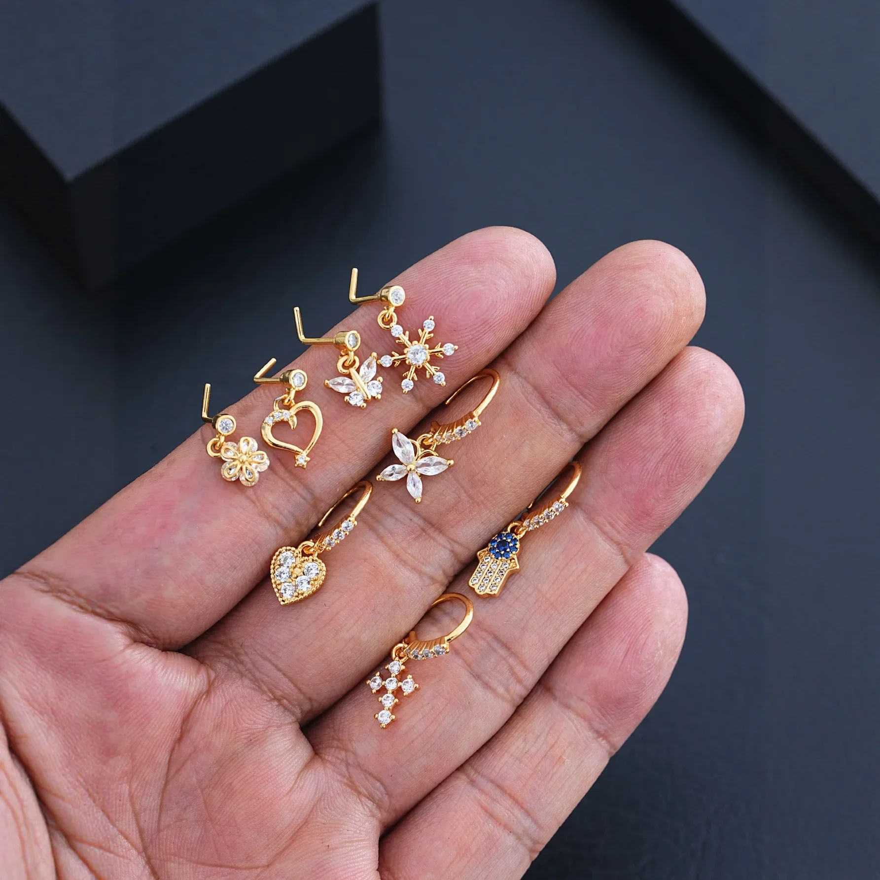 Anillos colgantes para la nariz con circonita cruzada de flores para mujeres y hombres, pendiente de cartílago, Piercing para la nariz colgante, aros de joyería