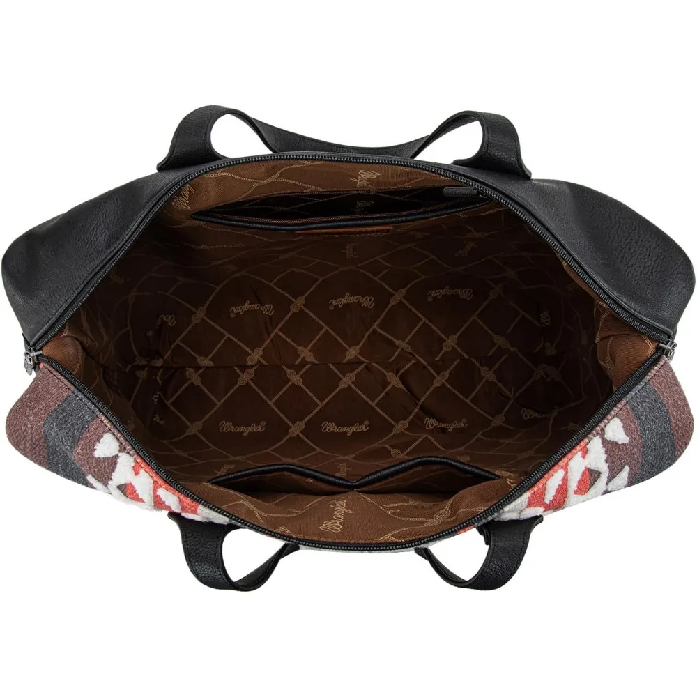 حقيبة من القماش الخشن للسيدات بنمط أزتيك للسفر في عطلة نهاية الأسبوع باللون الأسود