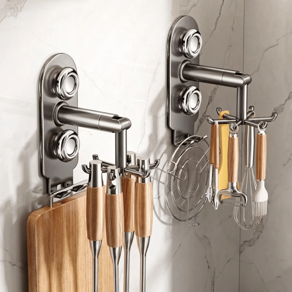 Wall Mounted Rotatable Storage Rack Space Saving No Drill 360° Rotating Hook Traceless Spatula Storage Rack