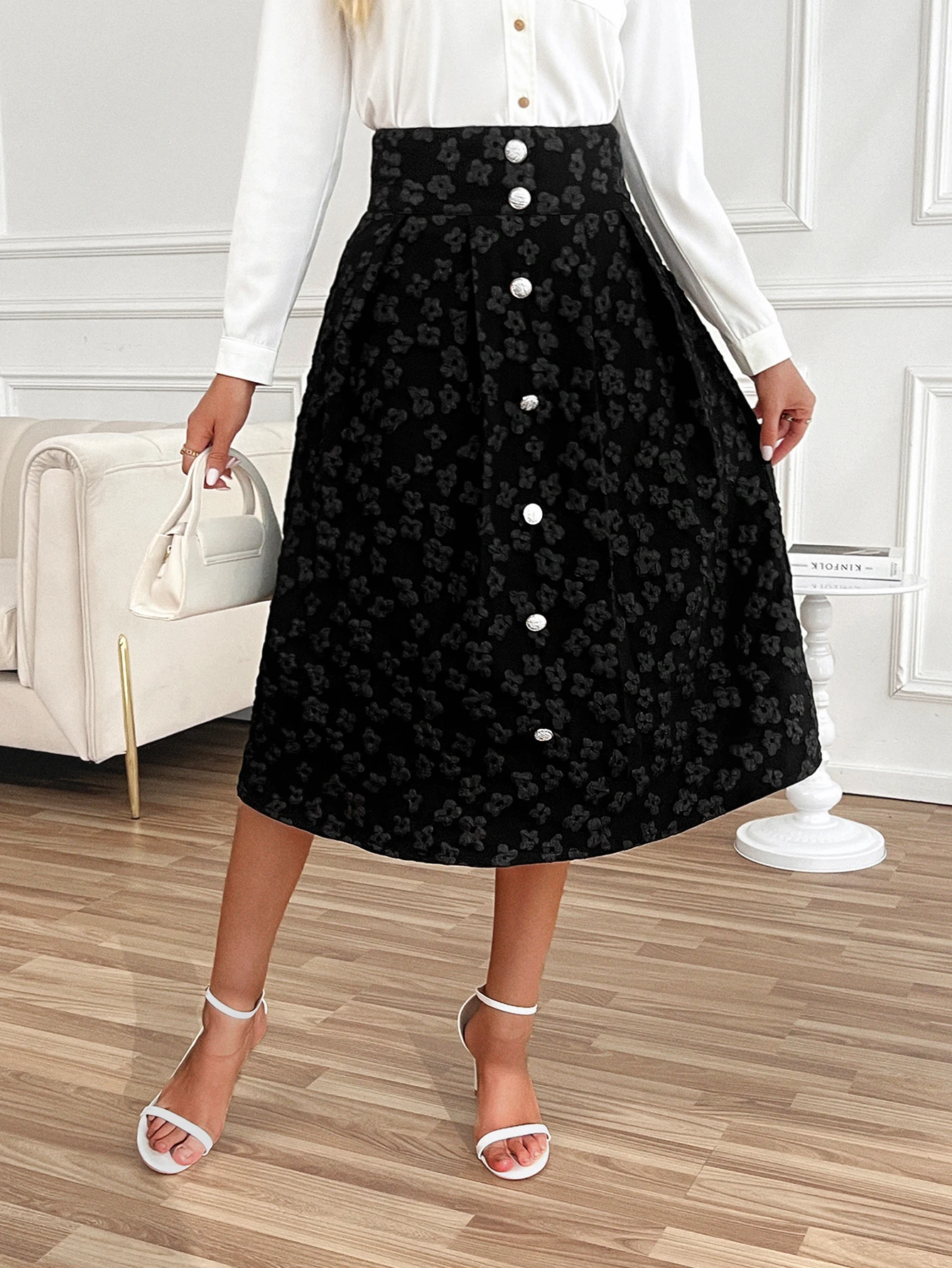 

Women's long jacquard skirt button decoration and calf skirt A-line high waist skirt casual monochrome zipper waistband