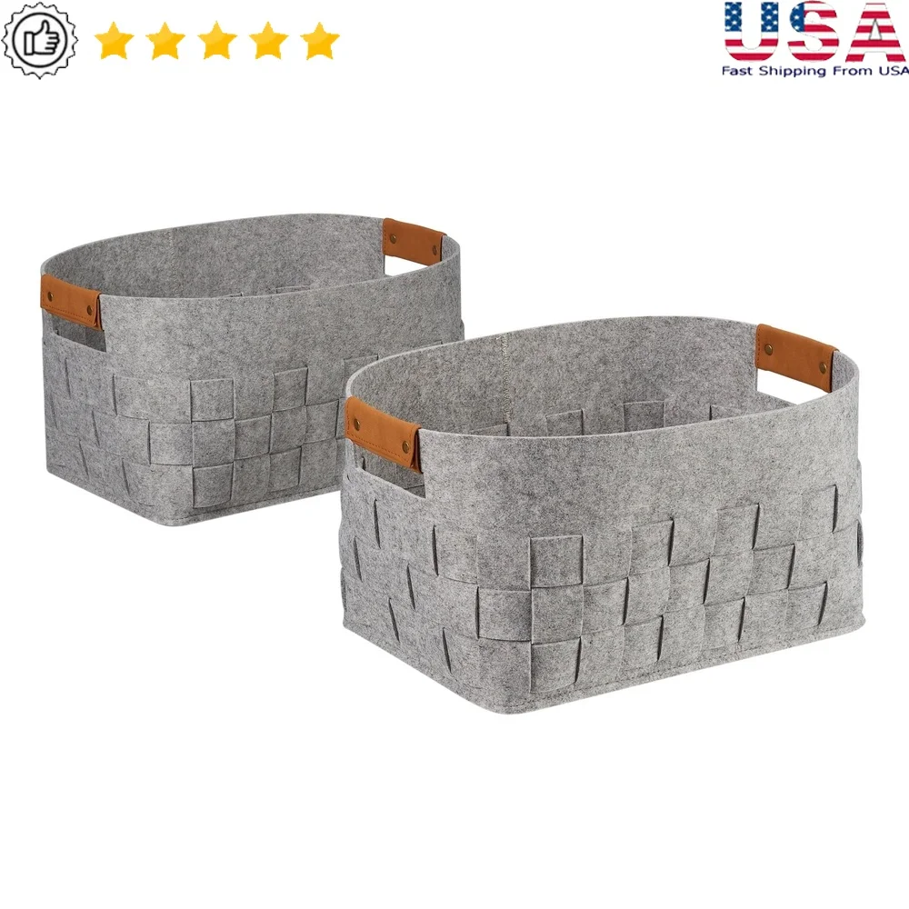 

Medium Woven Felt Storage Baskets Set of 2 with Faux Leather Handles Modern Home Organization Soft Sturdy Bins Playroom Office