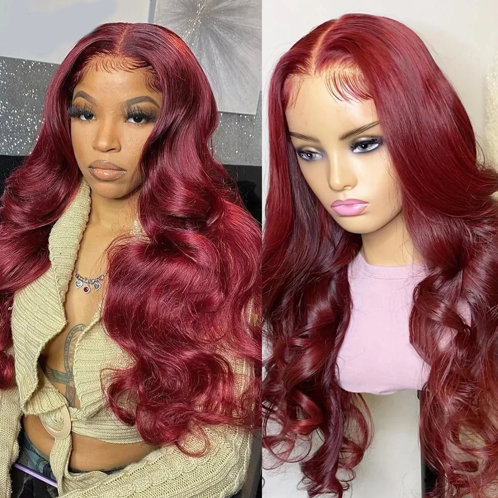 HD Transparent 99J Red Wig Burgandy Body Wave Lace Frontal Human Hair Wigs Water Wave 13x4 Lace Frontal Wig Colored Glueless Wig