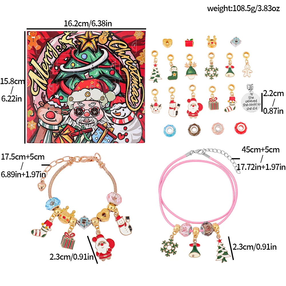 Christmas Countdown 24DIY Bracelet Set, Fashionable and Simple Women's Jewelry Zinc Alloy Beaded Bracelet Christmas Gift