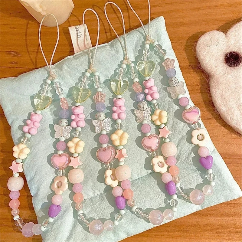 Korea Cute 3D Flower Bear Phone Lanyard For iPhone 15 Samsung Strap Girl Chain Pendant Candy Rope Jewelry Hanging Keychain Charm