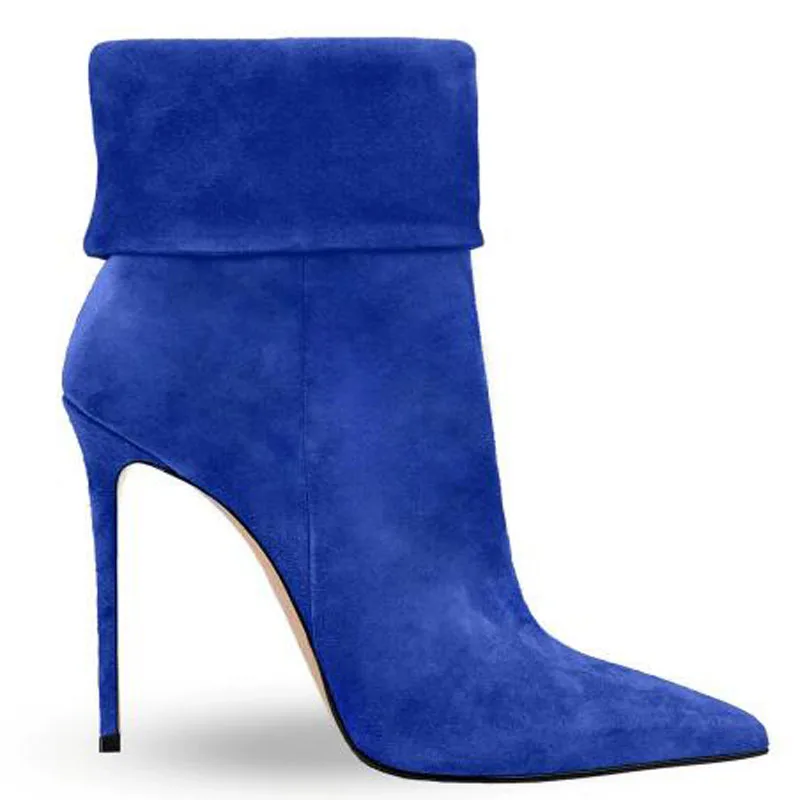 Hot Women Purple Blue Lavender Solid Suede Pointed Toe Turn Over Stiletto Ankle Boots Female Slim Slip On Short Booties Shoes