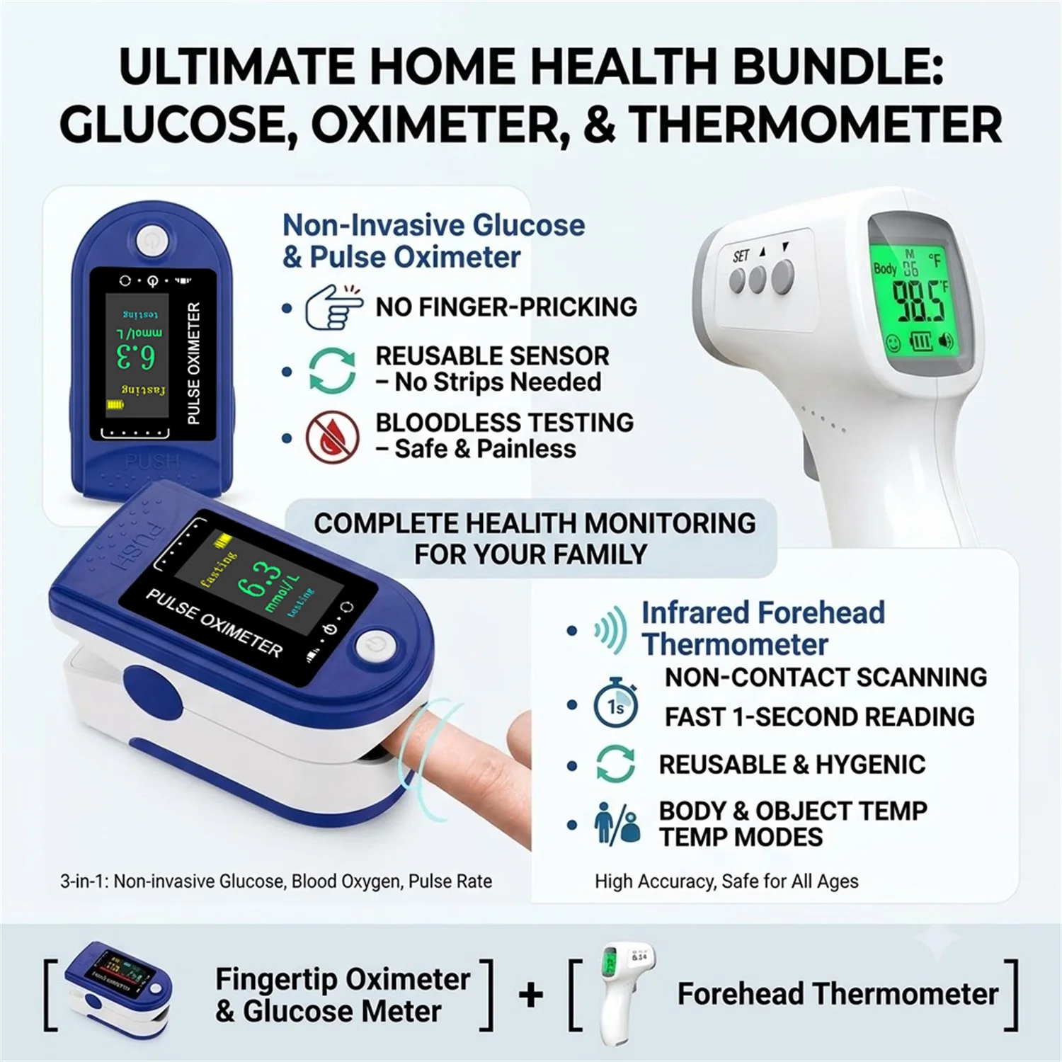 Non-contact Infrared Forehead Thermometer Digital Temperature Meter Finger Pulse Oximeter Blood Glucose Detector for Adults Kids