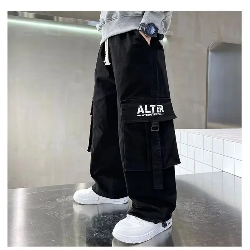 4-14 Jahre Jungen Casual Latzhose UNITIM Herbst Kinder Jungen Cargo-Hose Lose Elastische Taille Junior Jungen Hose mit Schriftzug Kinder Jungen Hose – Detail 19