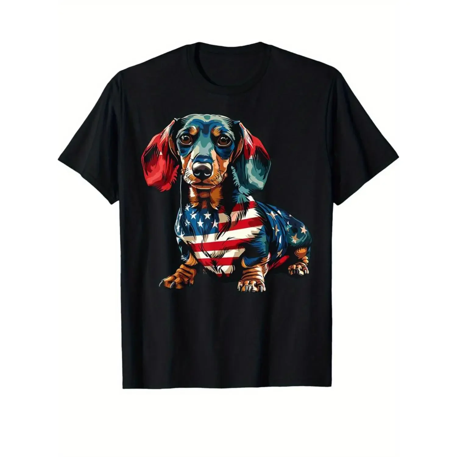 Cotton Dachshund Dog 4th of July American Flag Gifts for Men T-Shirt Selected Pure Cotton Interesting Design DIY Short Sleeve T-Shirt for Men