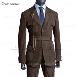 Fashion Male Dark Brown Denim Suit Casual Activities Classic Notch Lapel Jacket Birthday Party Custom Male Blazer Pants 2 Pieces