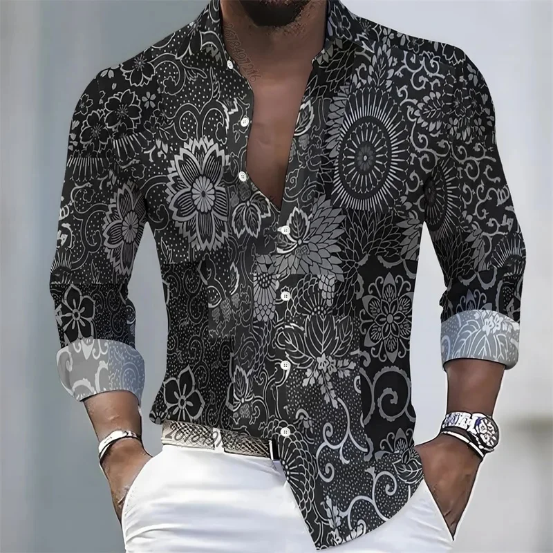 2026 Spring/Autumn New Men's Long-Sleeved Shirt, Retro Japanese Patchwork Print, Fashionable Casual Loose Collar Shirt