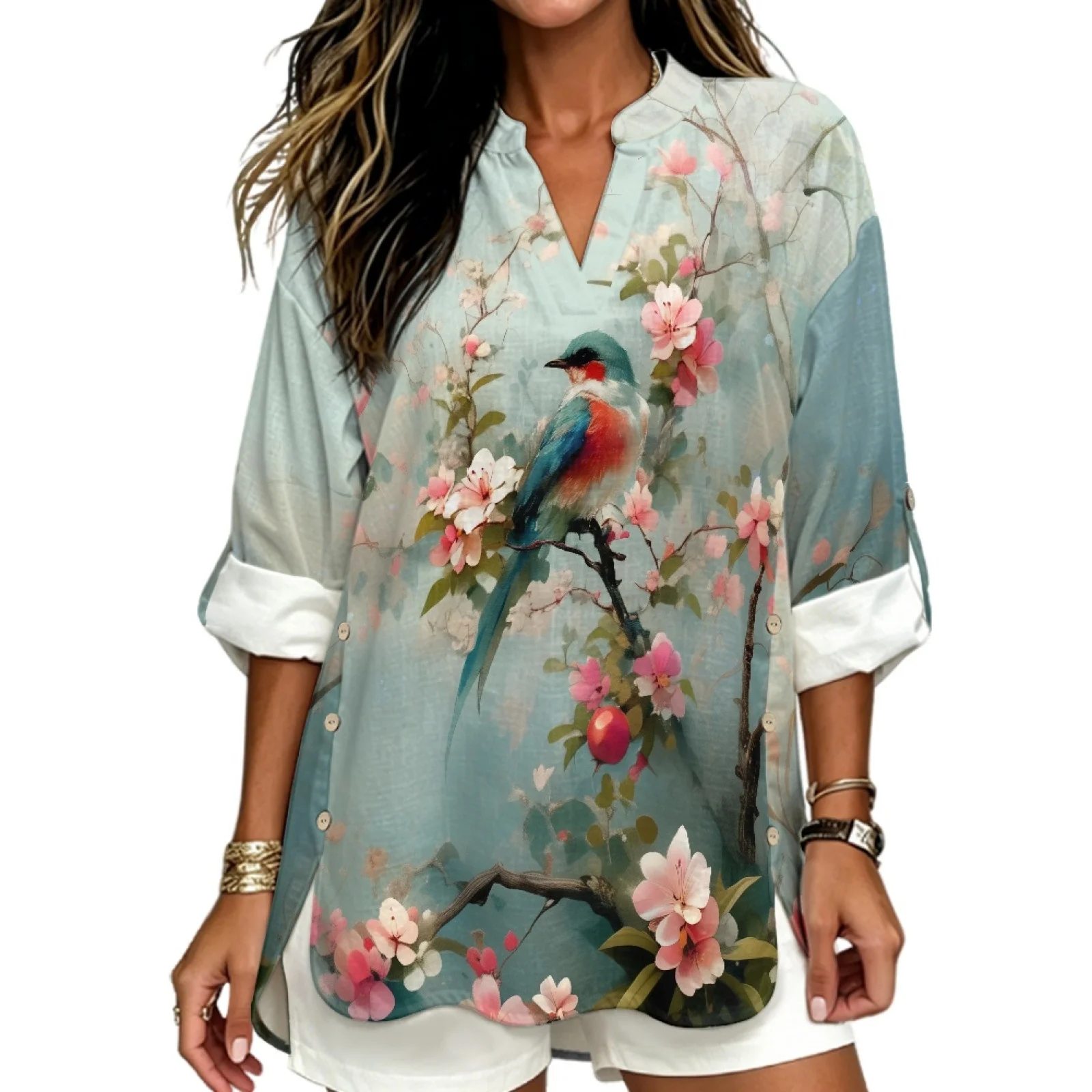 PENSTROLL Bird and Flower Pattern Linen Like Women's Long Sleeve Shirt Loose Long Sleeve Womens Tops for Beach Walks Sizes S-5XL