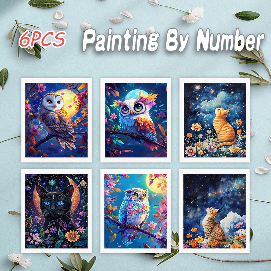 

6 шт. картина с цифрами милые животные цифровая живопись для взрослых ручная роспись искусство для гостиной DIY поделки по номерам комплект