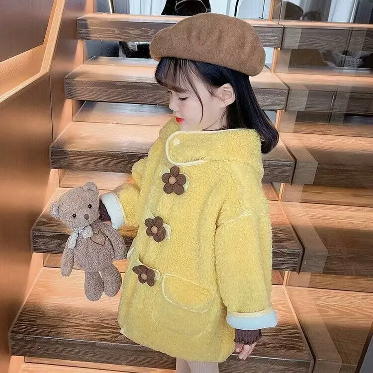 Thicken Winter Long Sleeve Lambs OuterwearsFashion Girls Fleece Jackets Solif Fluffy Warm Fur Coat One Breasted  for Kids