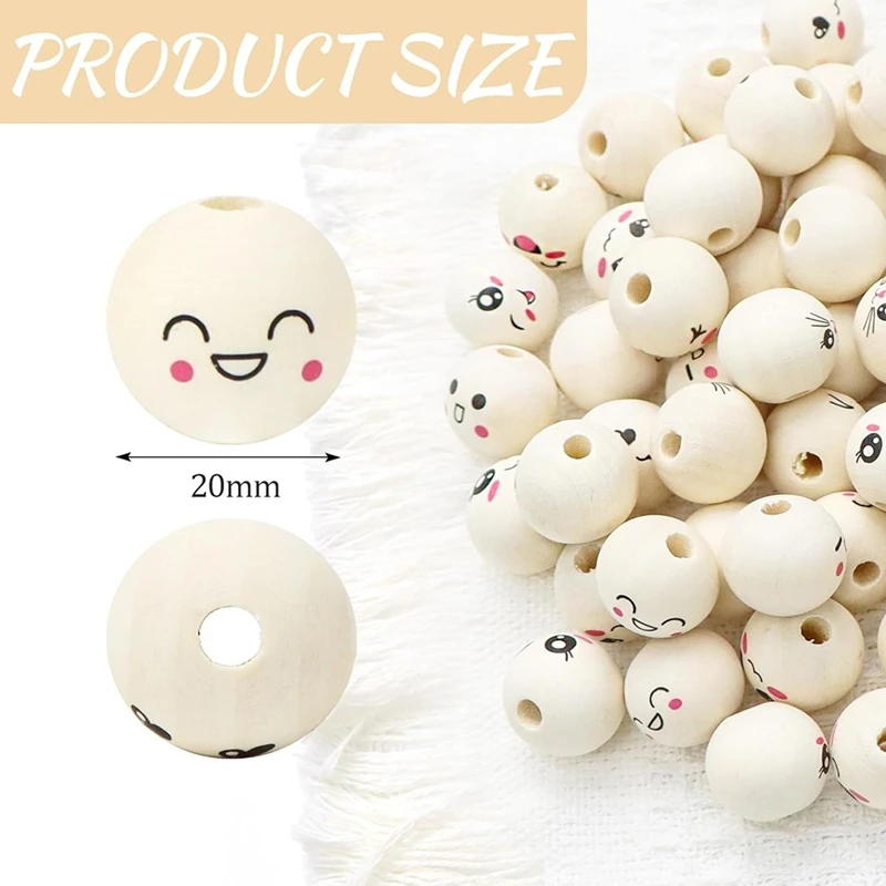 10 Styles Wooden Beads With Face, Pack Of 100 Wooden Balls With Face 20 Mm With Hole, Wooden Heads With Face For Crafts