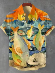 Summer Men's Casual Sea Life Graphic Short Sleeved Shirt Button Down Lapel Shirts Oversized Tops Casual Hawaiian Shirt for Men
