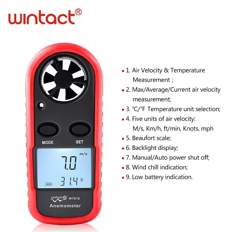 

Wt816 Mini-Portable Digital Anemograph Anemometer Wind Speed and Temperature Measuring Instrument Anemometer