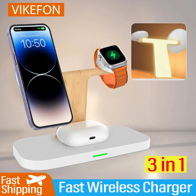 

3 In 1 Magnetic Wireless Charger RGB Light Fast Charging Dock Station for iPhone 15 14 13 12 Apple Watch Airpods IWatch Holder