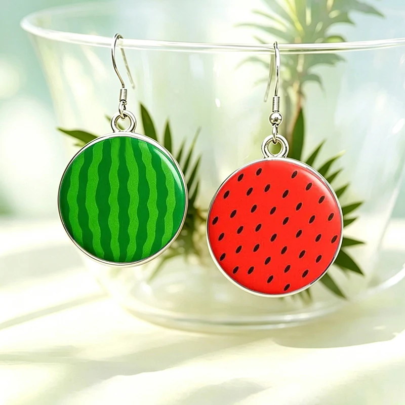Asymmetric Watermelon Round Glass Dangle Earrings Cute Fruit Jewelry For Women Summer Vacation Accessory
