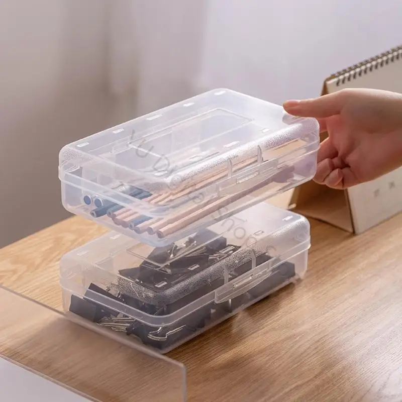 96BA Translucent Pencil Case Hard Plastic Pencil Box Stackable Desktop Organiser for Students, Teachers, School Office Supplies