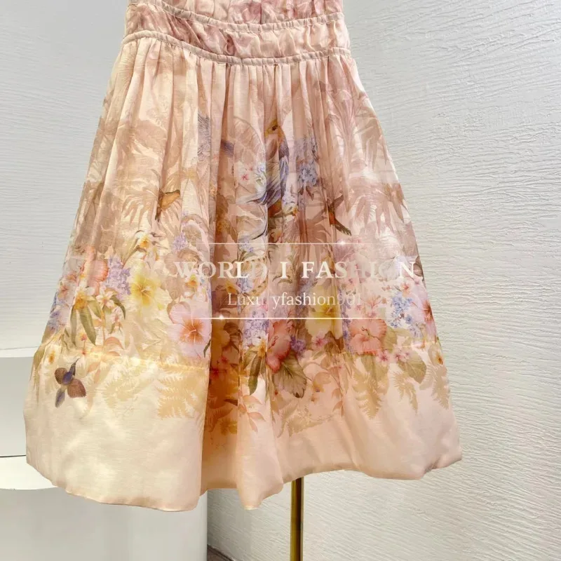 핑크 플로럴 버드 프린트 플리츠 스커트 2025 린넨 실크