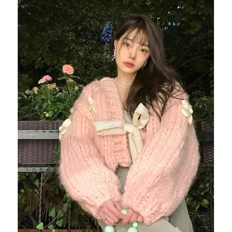 Pink Fried Dough Twists Sweater Coat Women's Autumn and Winter New Lazy Style Short Knitting Cardigan Top Female Clothing