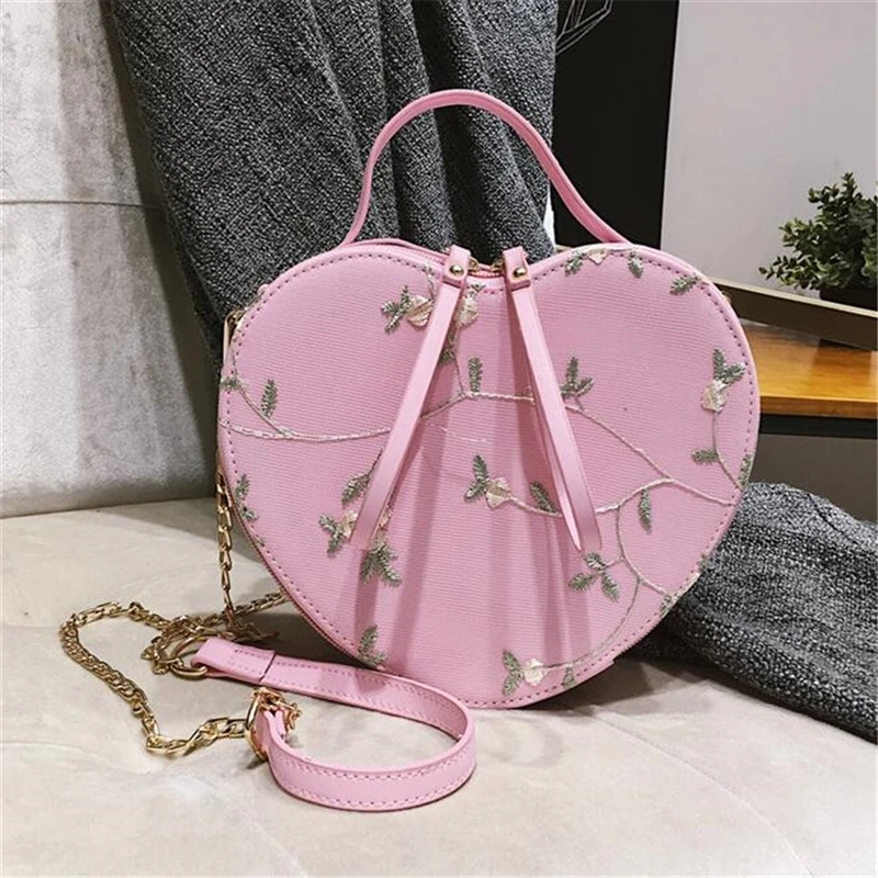 Female Sweet Lace Heart Round Handbags High Quality PU Leather Cross Body Bags for Women Small Fresh Flower Chain Shoulder Bags