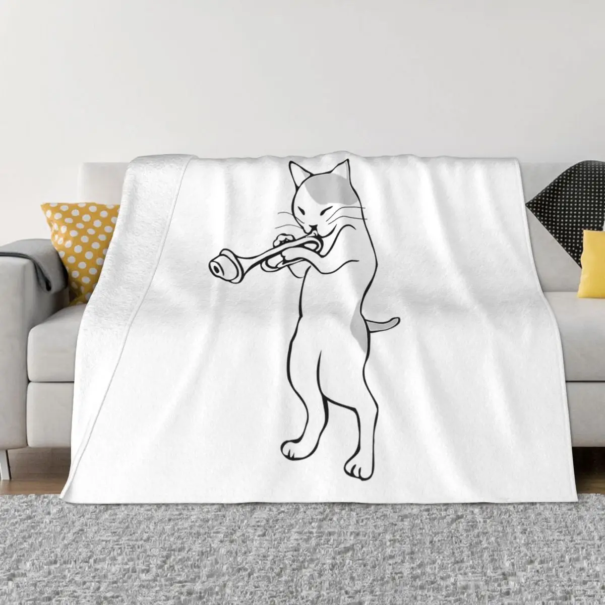 

Cat Trumpet Player Straight Mute Wah Wah Funny Trumpet Blankets Soft Warm Flannel Throw Blanket Bedding for Bed Living room