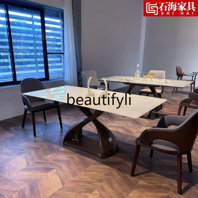 182Q Natural marble light luxury high-end white ice jade luxury stone dining table all solid wood ash wood base