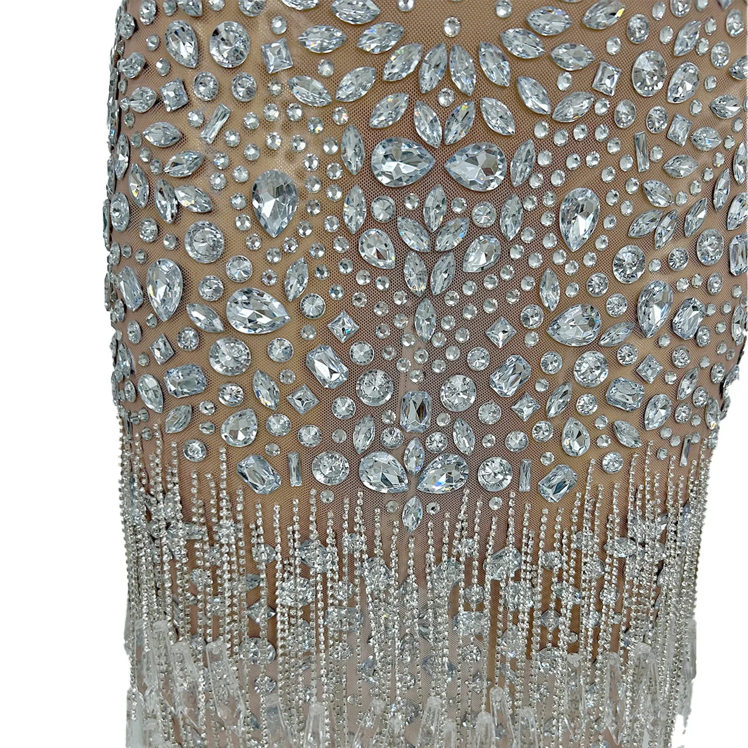 فستان Aixin نسائي شبكي برقبة مربعة وأحجار الراين فضي شفاف من خلال تنورة شرابة لأداء الرقص في مأدبة الزفاف #6