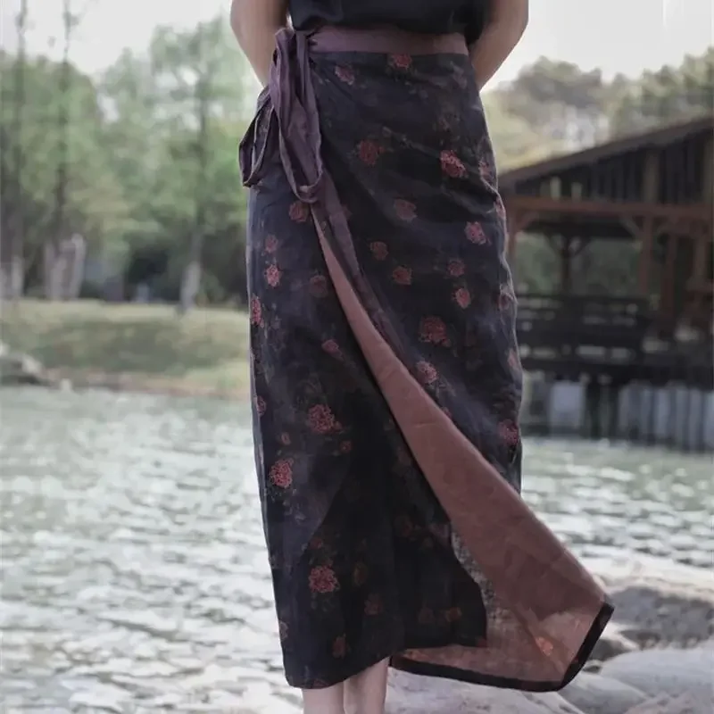 2025 Nieuwe Lente Boho Bloemenprint Rok Vrouwen Mode Elegante Taille Wrap Rokken Vrouw Ademend Casual Vrouwelijke Midi Rokken