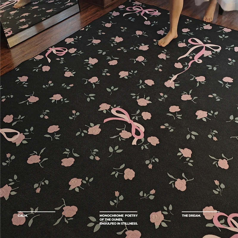 

Middle Ancient Carpet Living Room Rugs Pink Rose Bow Decoration Floor Mat Study Vintage Black Bedroom Carpets Home Doormat