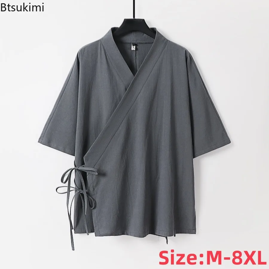 New Men's Chinese Style Retro Cotton and Linen Seven Quarter Sleeved Top Spring Male Slanted Collar Improved Hanfu Zen Clothing