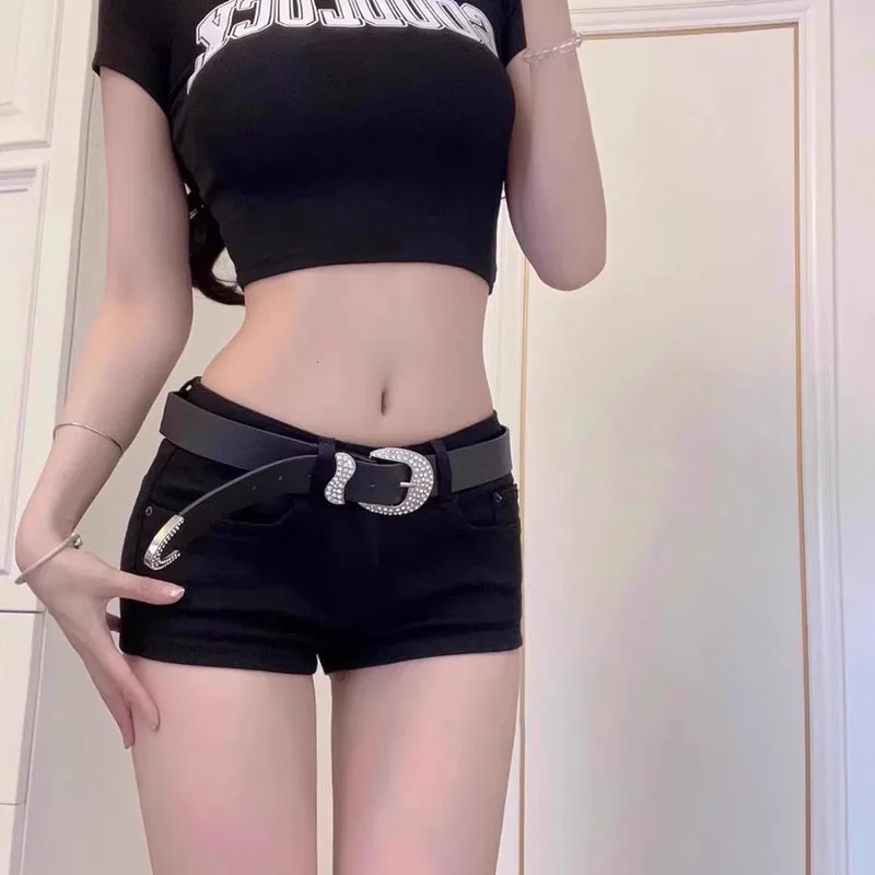 

Women Shorts Denim Elastic Fabric Solid Color Lowkey Simple Summer Sexy Low Waist Slimming Hip Hugging Casual Versatile Shorts