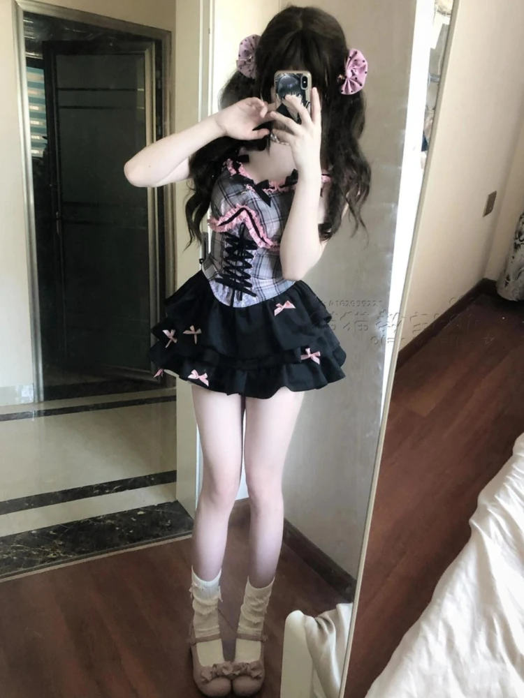

Y2k Aesthetic Two Piece Sets Summer Lace Patchwork Plaid Vest + High Waist Sweet Bow Mini Skirts 2026 Summer Female Grunge Suit