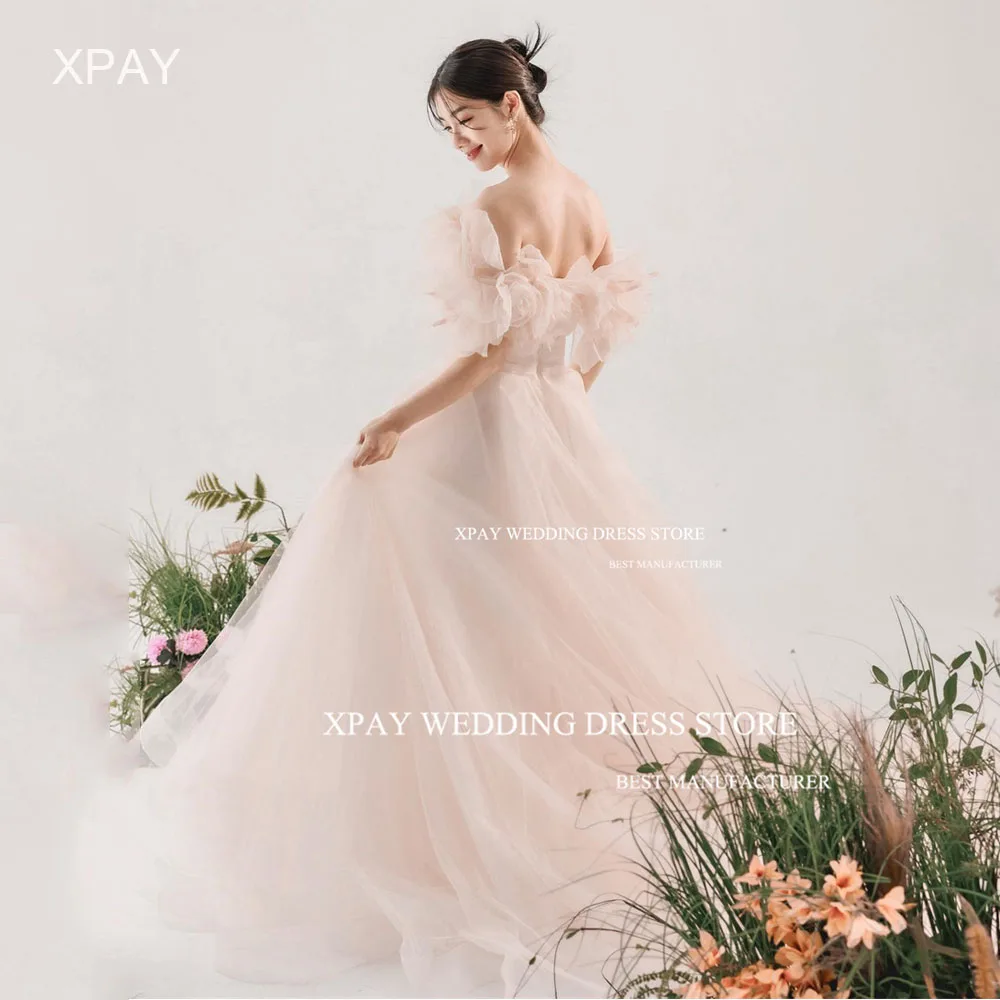 Xpay Fairy Tulle A Line Korea Avondjurken Foto 'S Schieten Ruches Plooi Prom Jurk Backless Off Shoulder Formele Gelegenheid Jurk