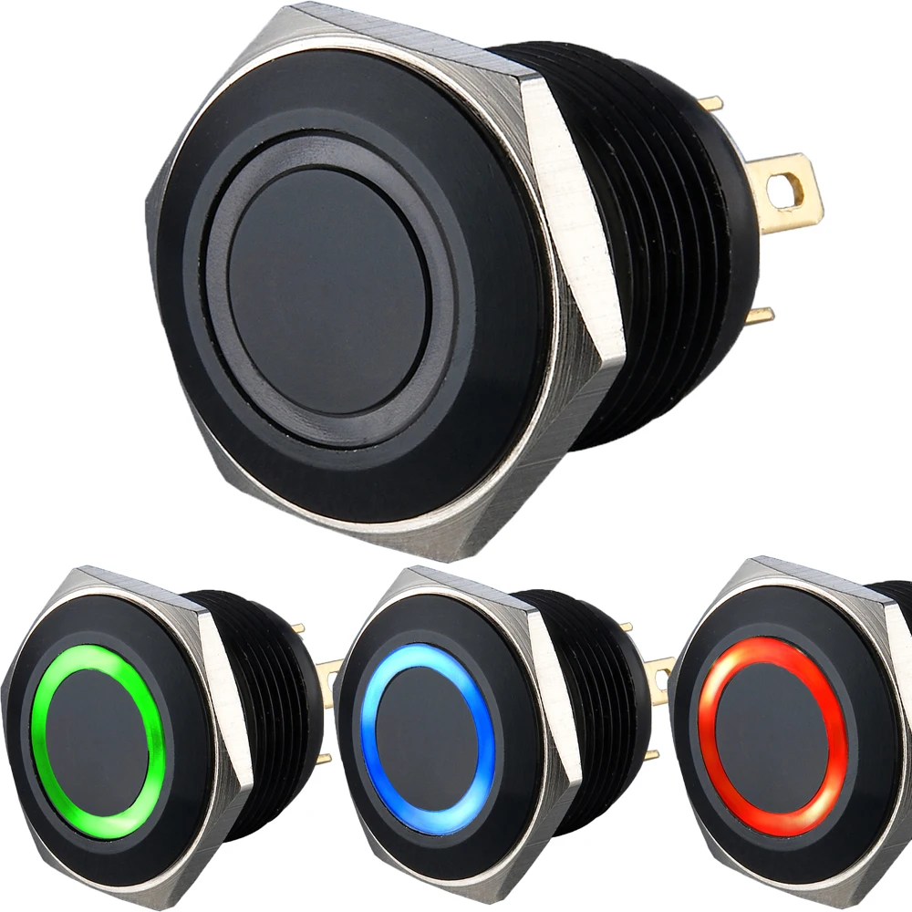 Common Cathode Anode 16mm 19mm  3V 6V 12V 24V Tri-Color Ring LED RGB Reset Ring Illuminated  Black Aluminum Electric Switch