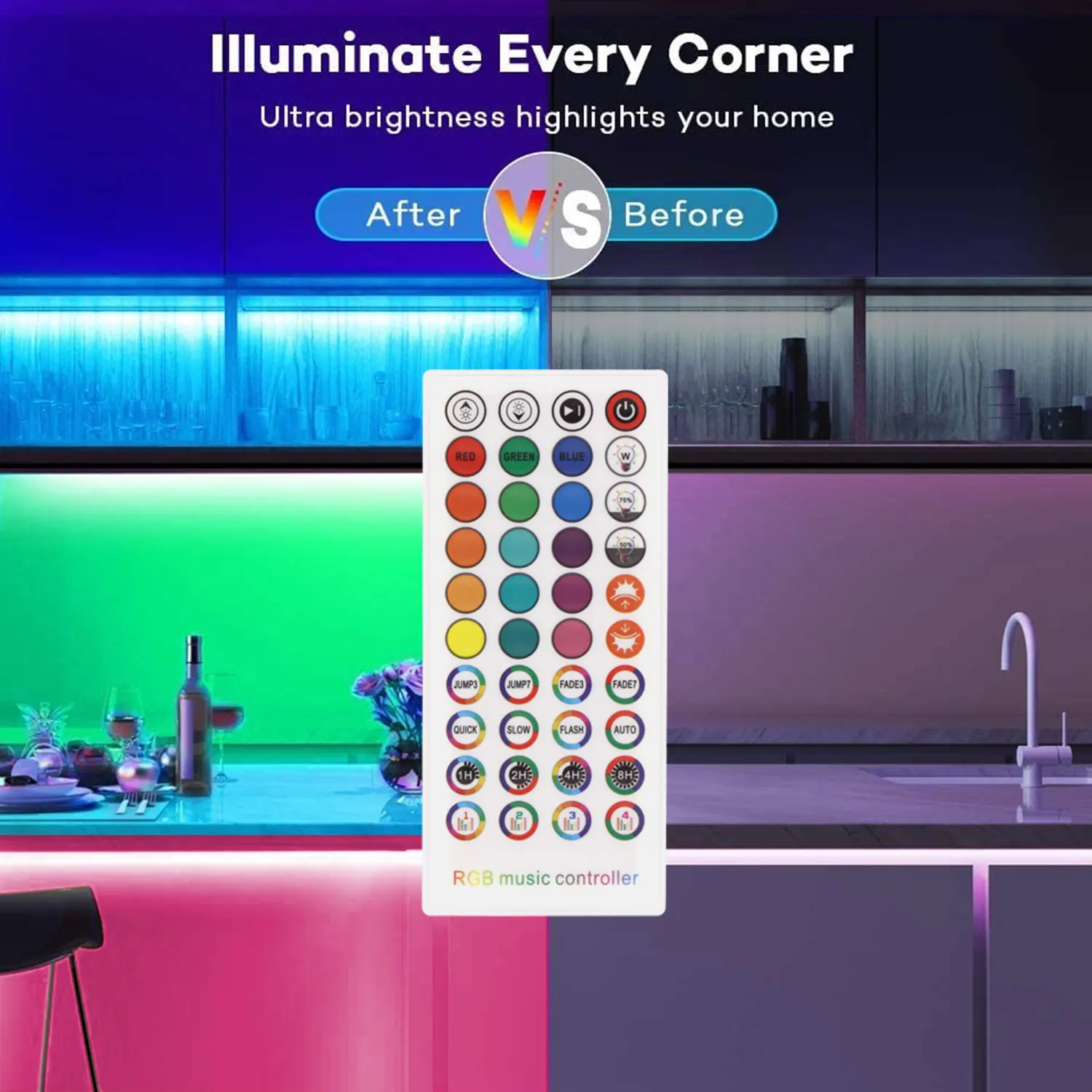 100ft 5050 Led Strip Lights RGB Music Sync Color Changing Bluetooth Smart Control Remote Flexible Tape Led Ribbon Room Lighting