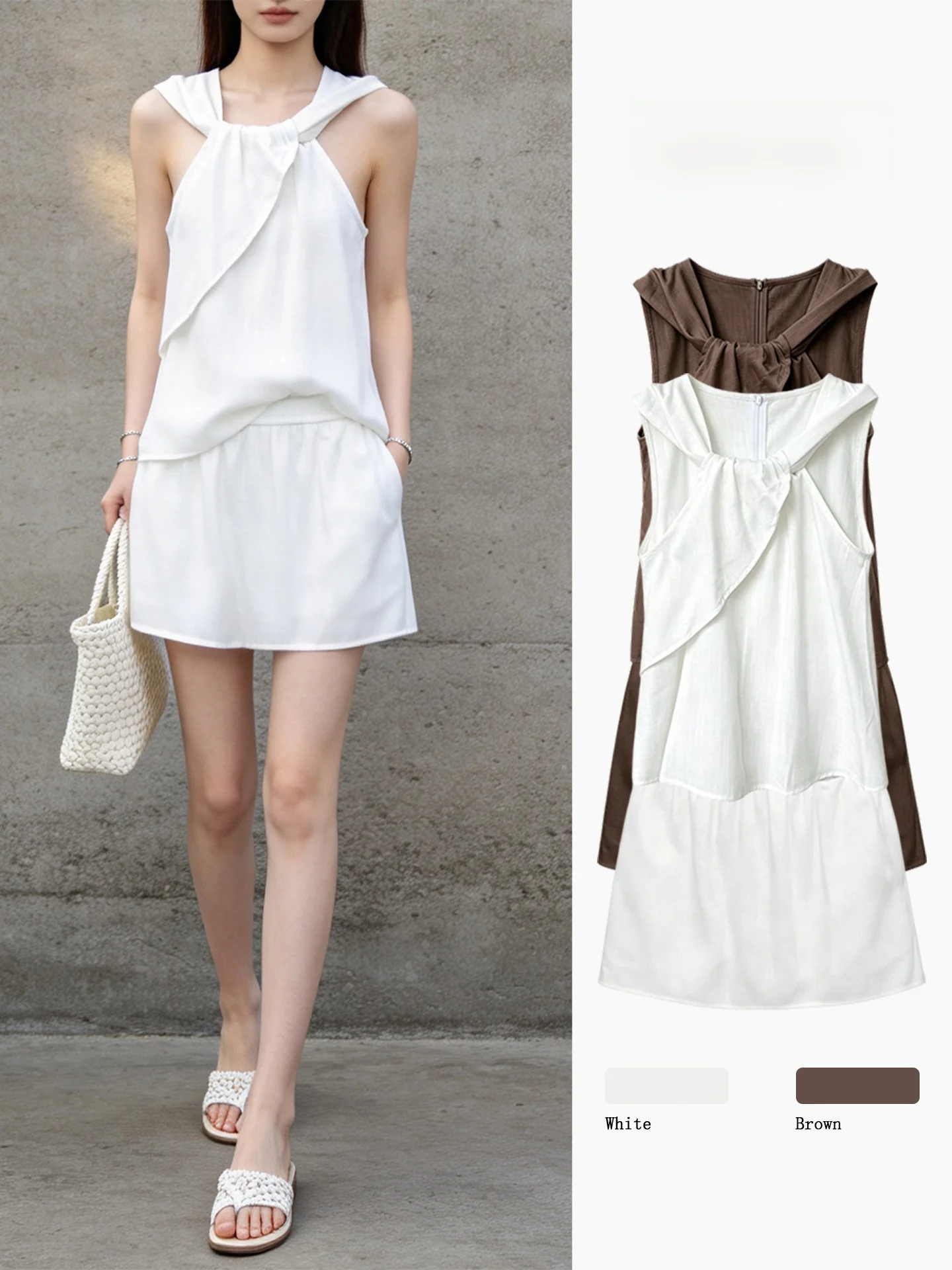 White Casual A-Line  Dress Women's High Waist Knot Hem Simple Slimming Summer New Style Gauze Fiber round Neck Sleeveless