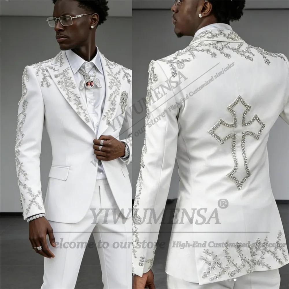 

Блестящие ювелирные изделия с камнями, костюм на свадьбу, комплект из 2 предметов, пиджак с остроконечными лацканами для выпускного вечера, индивидуальные мужские вечерние смокинги Ropa Hombre