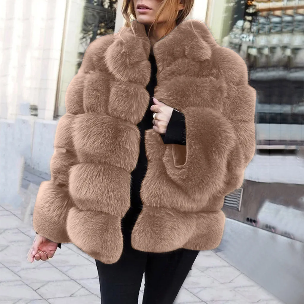 Women Fox Faux Fur Black Coats Stand Collar Single Breasted Jackets Warm Thick Coat Full Sleeve Open Stitch 2024 Autumn Winter