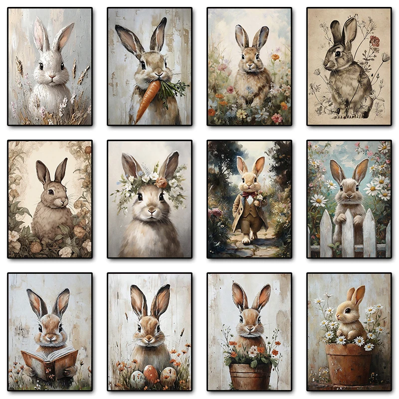 Vintage Fashion Wall Art - Affiche Vintage Bohème Lapin Hare Rustique