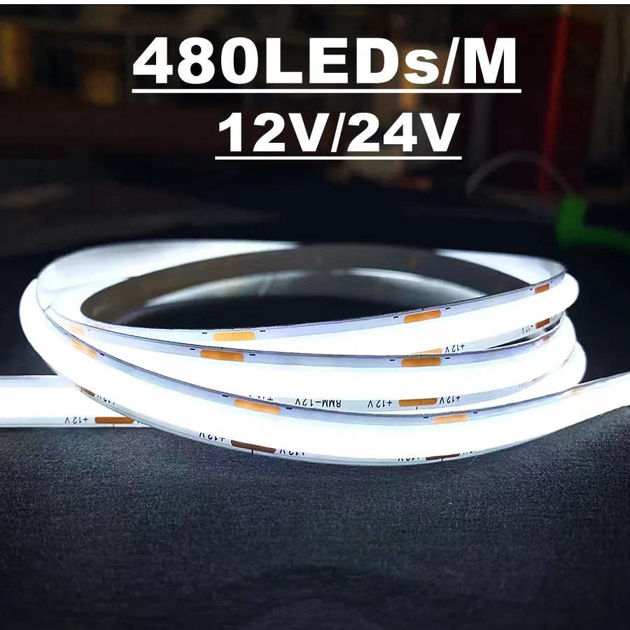 8mm Width COB LED Strip Light 12V/24V 480LEDs Flexible COB Lights High Density Linear Light White/Warm/Natural White Decorative